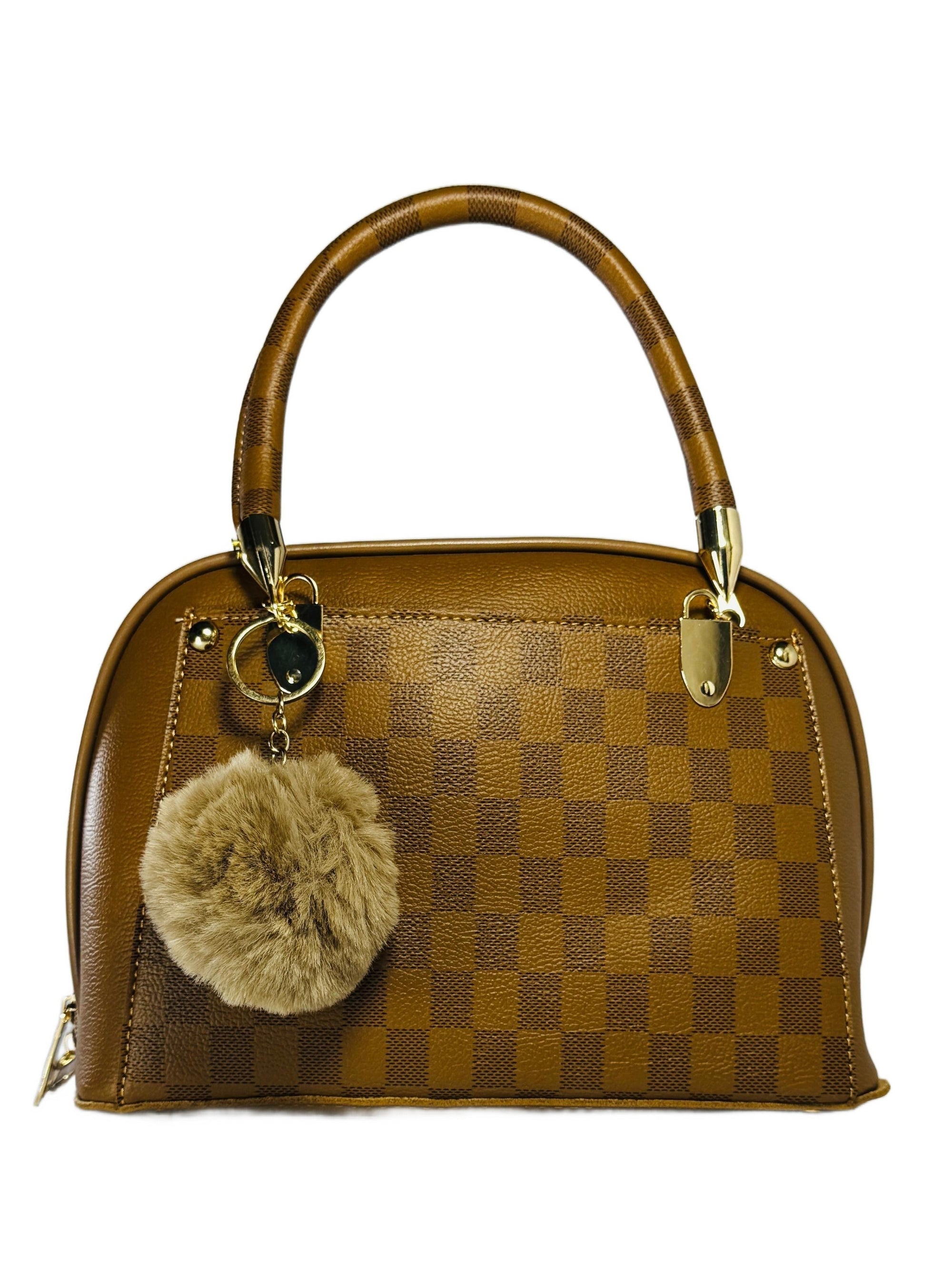Brown checkered handbag with a pom-pom charm on a white background