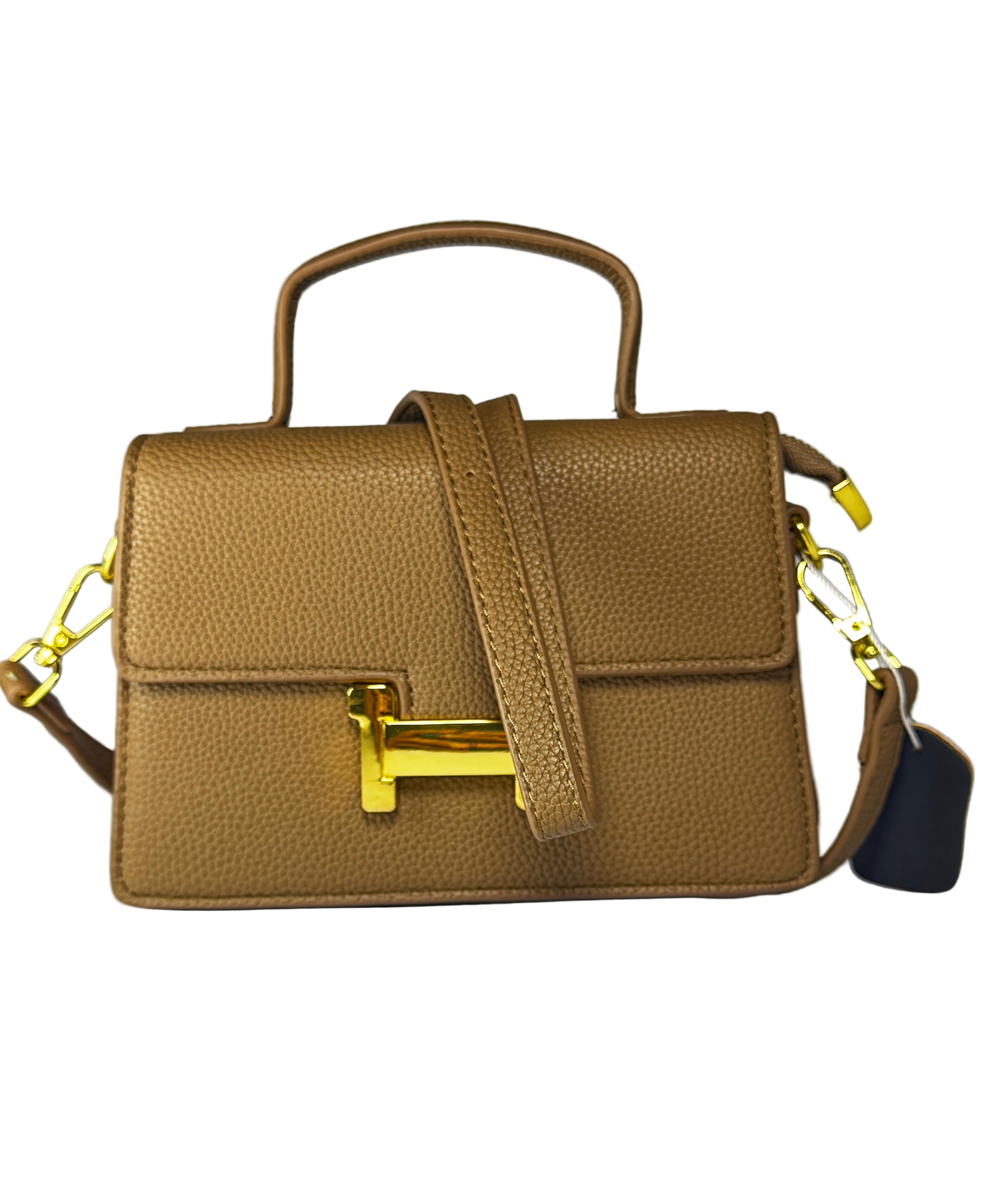 Brown handbag with gold hardware on a gray background