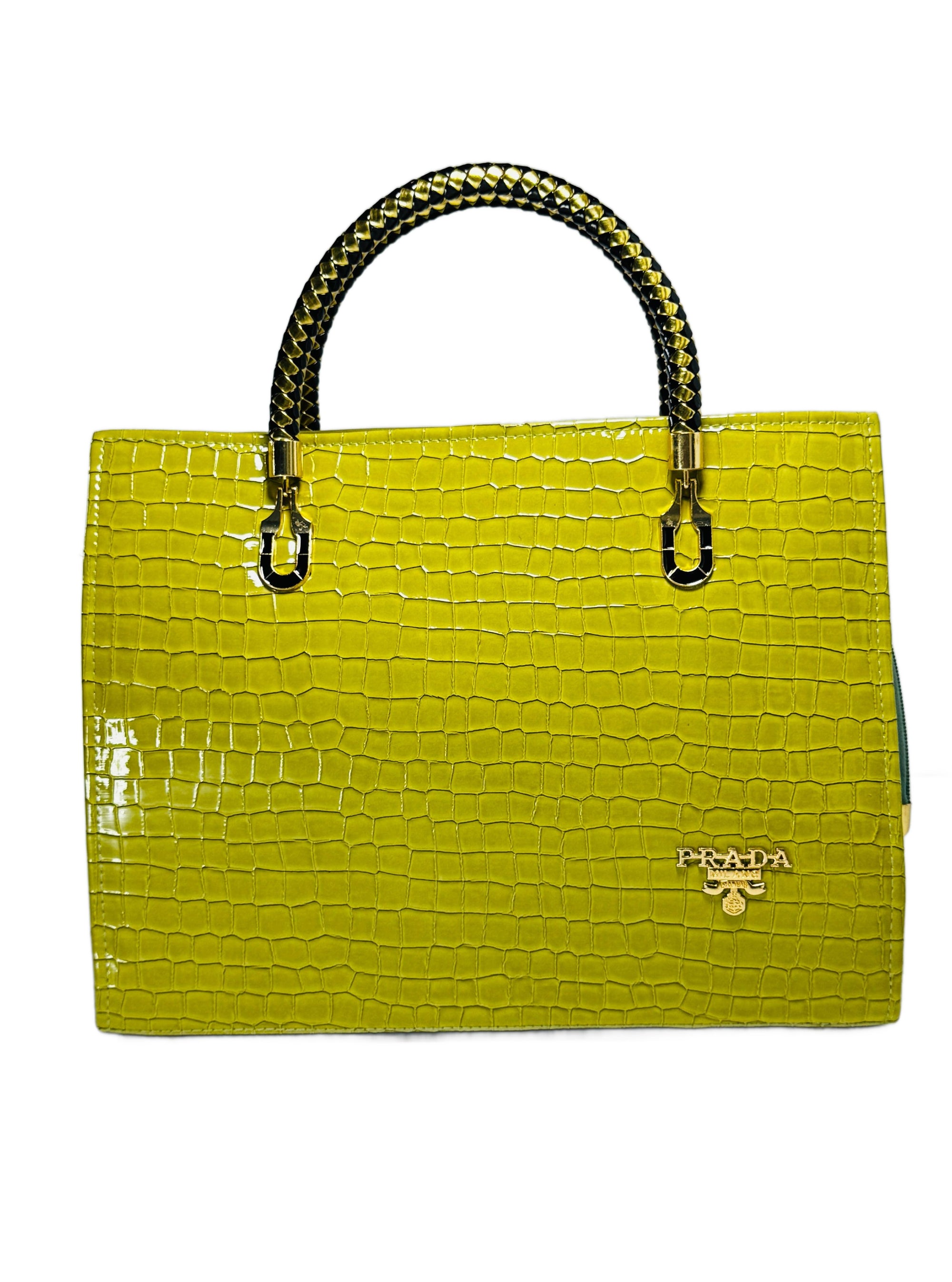 Yellow handbag with a textured pattern and Prada logo on a white background