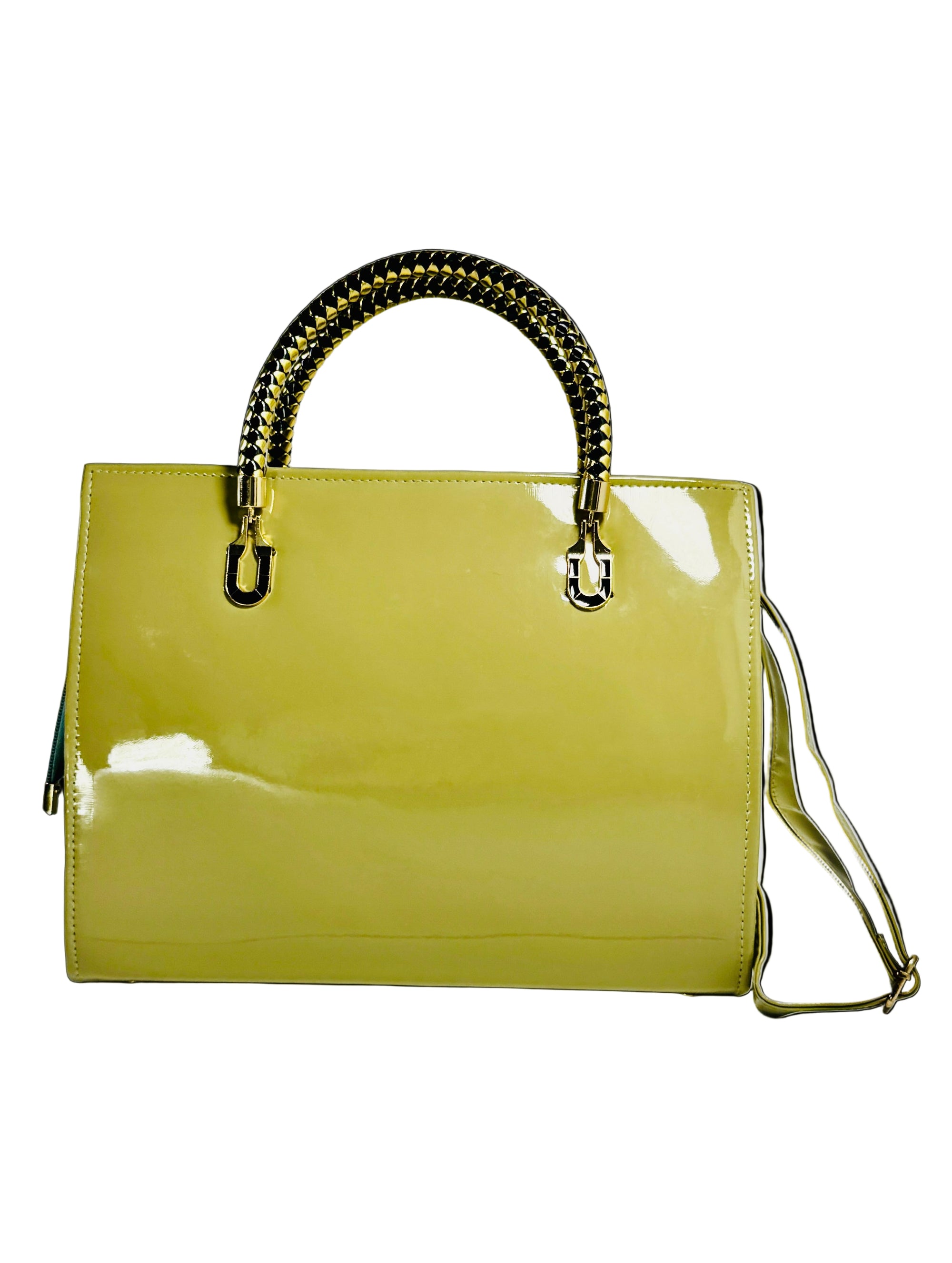 Yellow handbag with gold handle on a white background