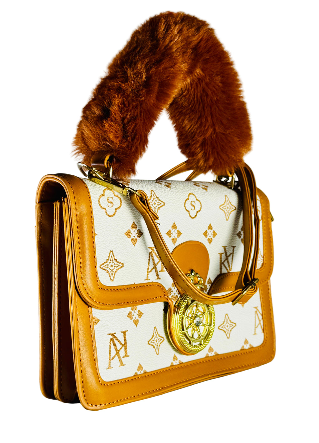 Designer handbag with fur handle on a light gray background