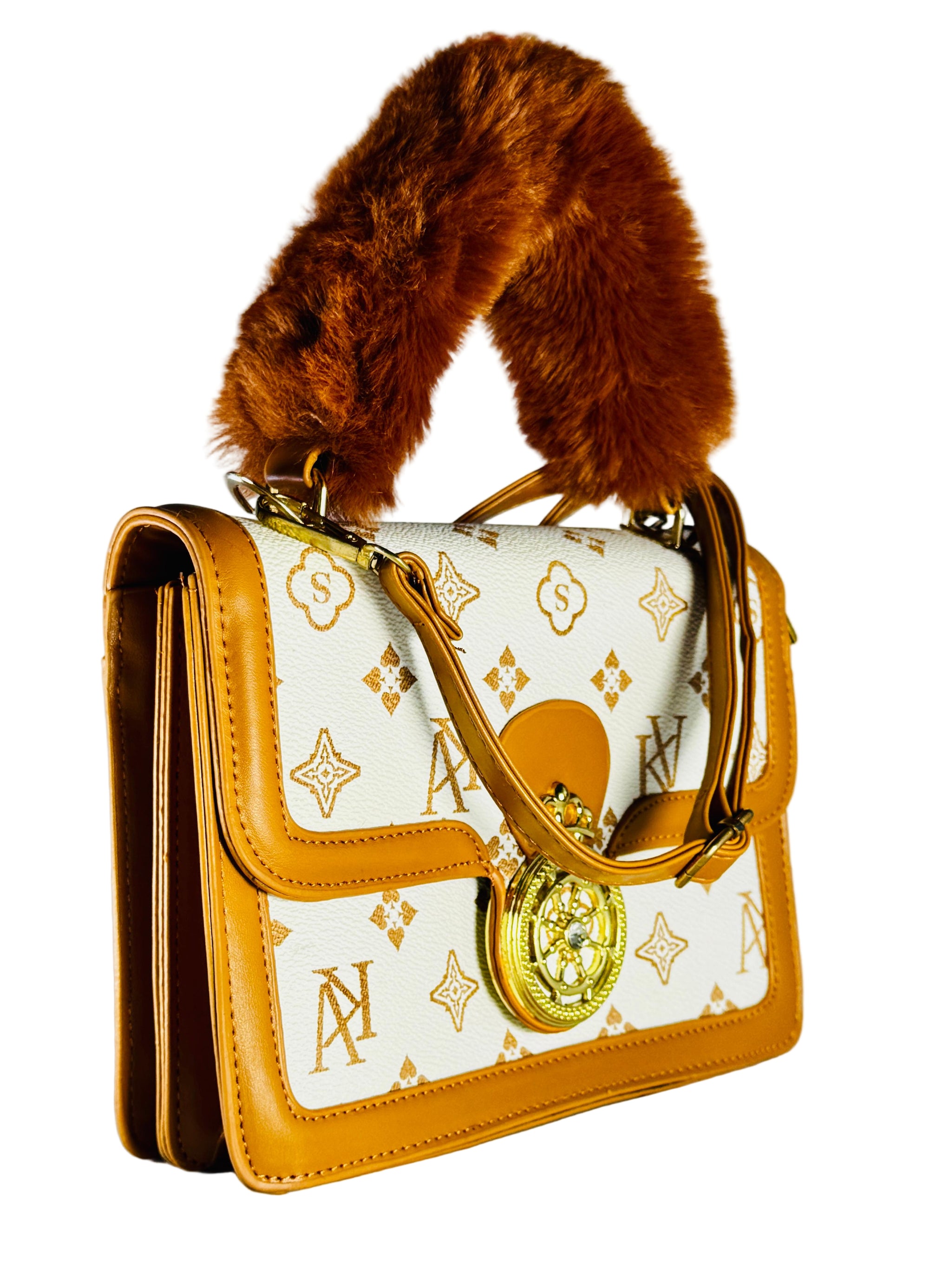 Designer handbag with fur handle on a light gray background