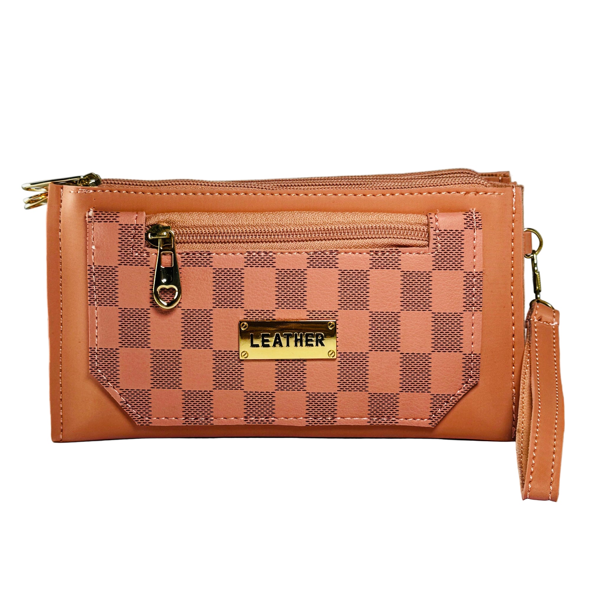 Brown leather wallet with checkered pattern and gold accents on a light gray background