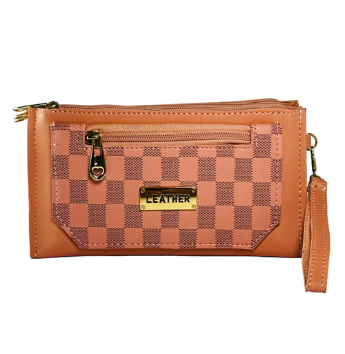 Brown leather wallet with checkered pattern and gold accents on a light gray background
