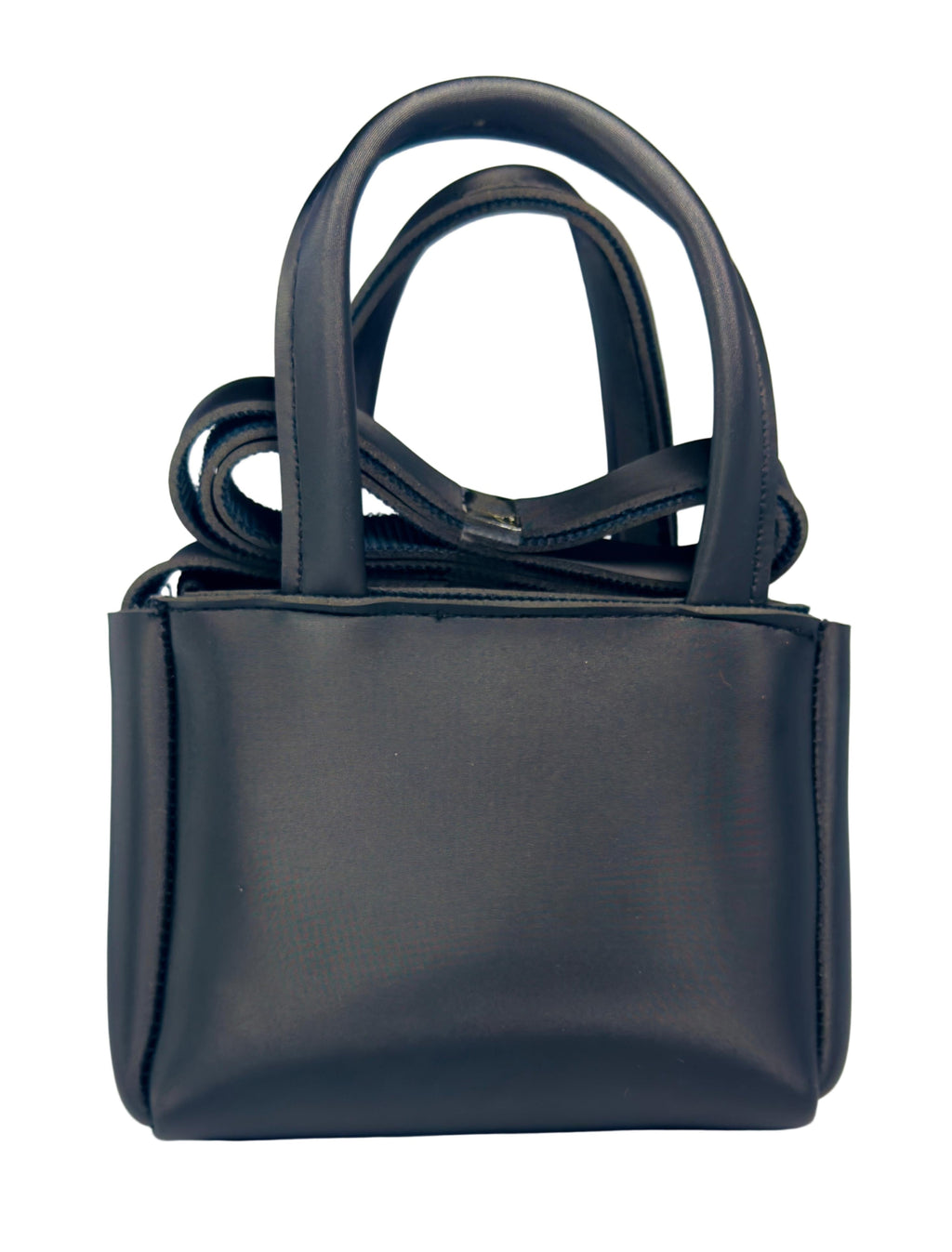 Black handbag on a light gray background