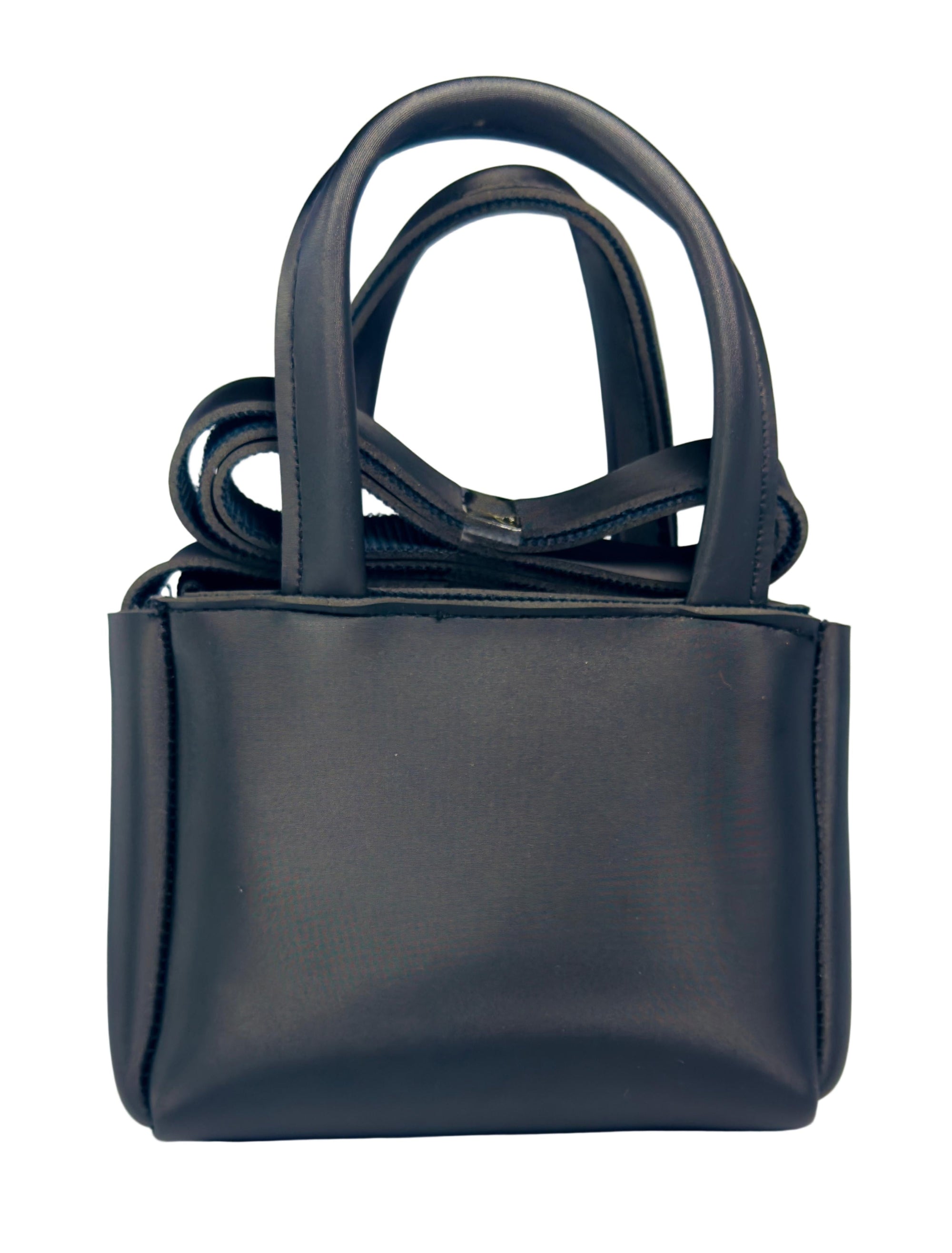 Black handbag on a light gray background