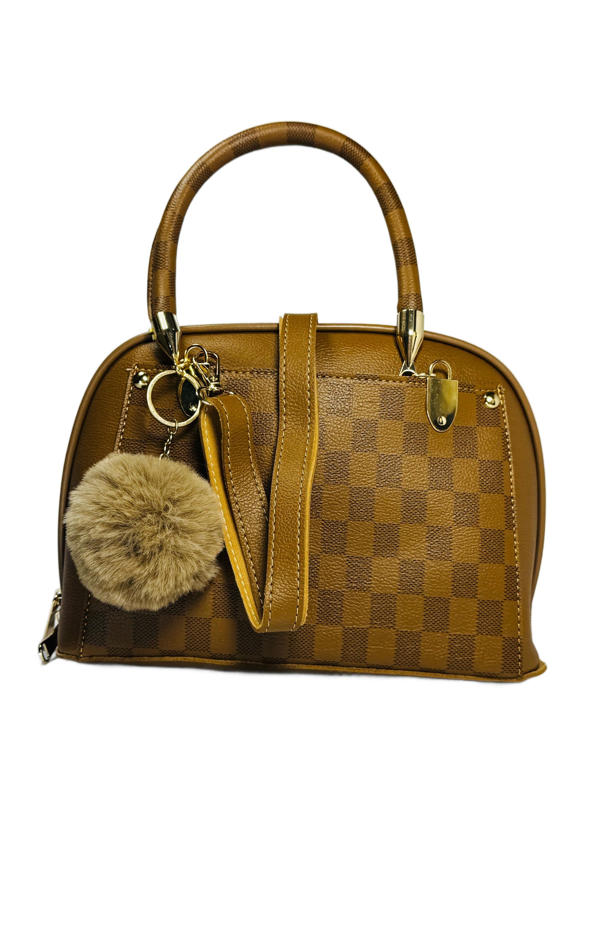 Brown checkered handbag with a keychain featuring a pom-pom on a white background