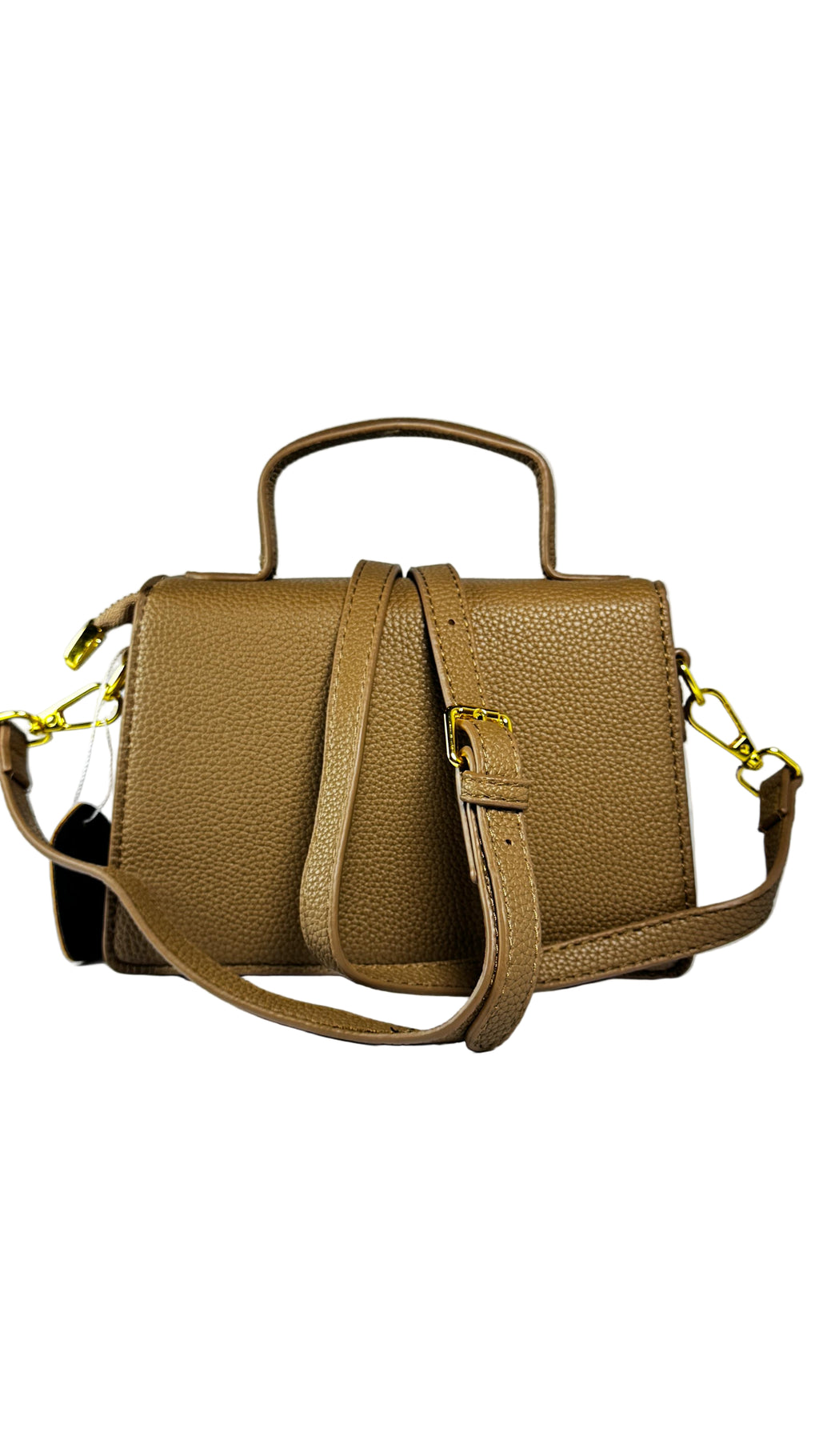 Brown handbag with gold chain on a white background