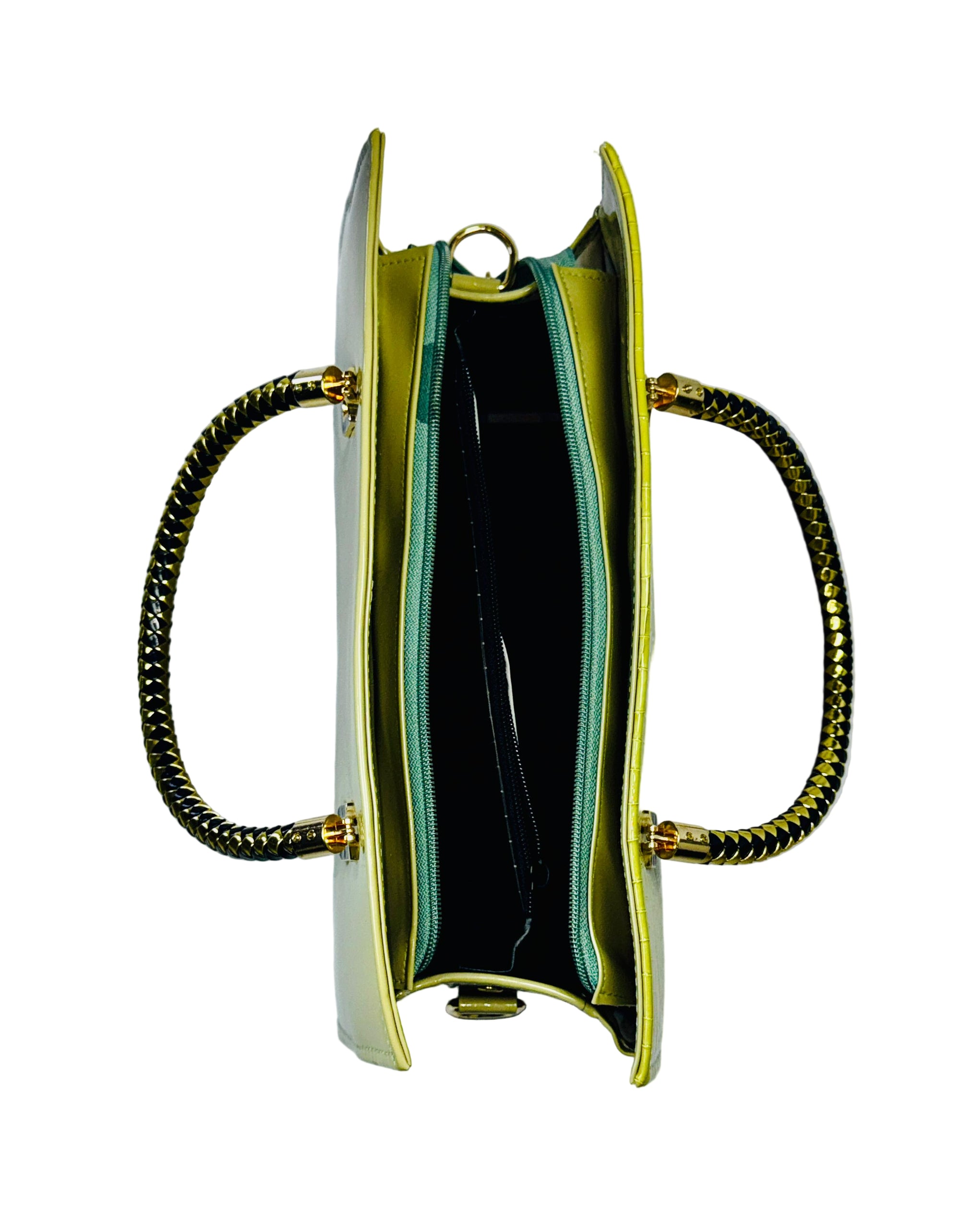 Green handbag with gold handles on a white background