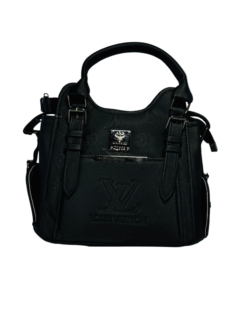 Black handbag with brand logo on a light gray background