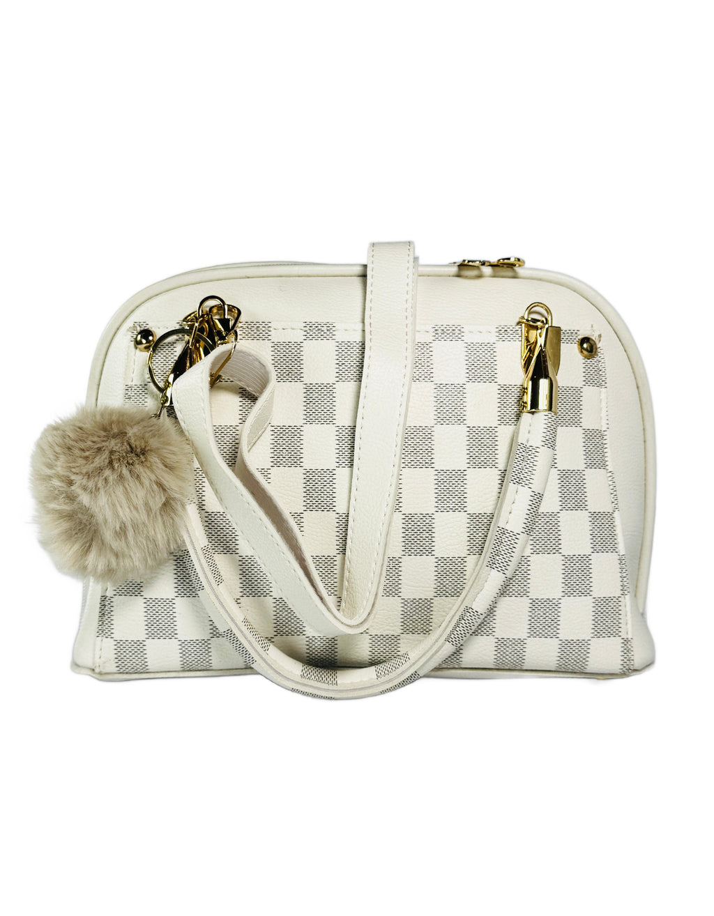 Checkered handbag with pom-pom detail on a white background
