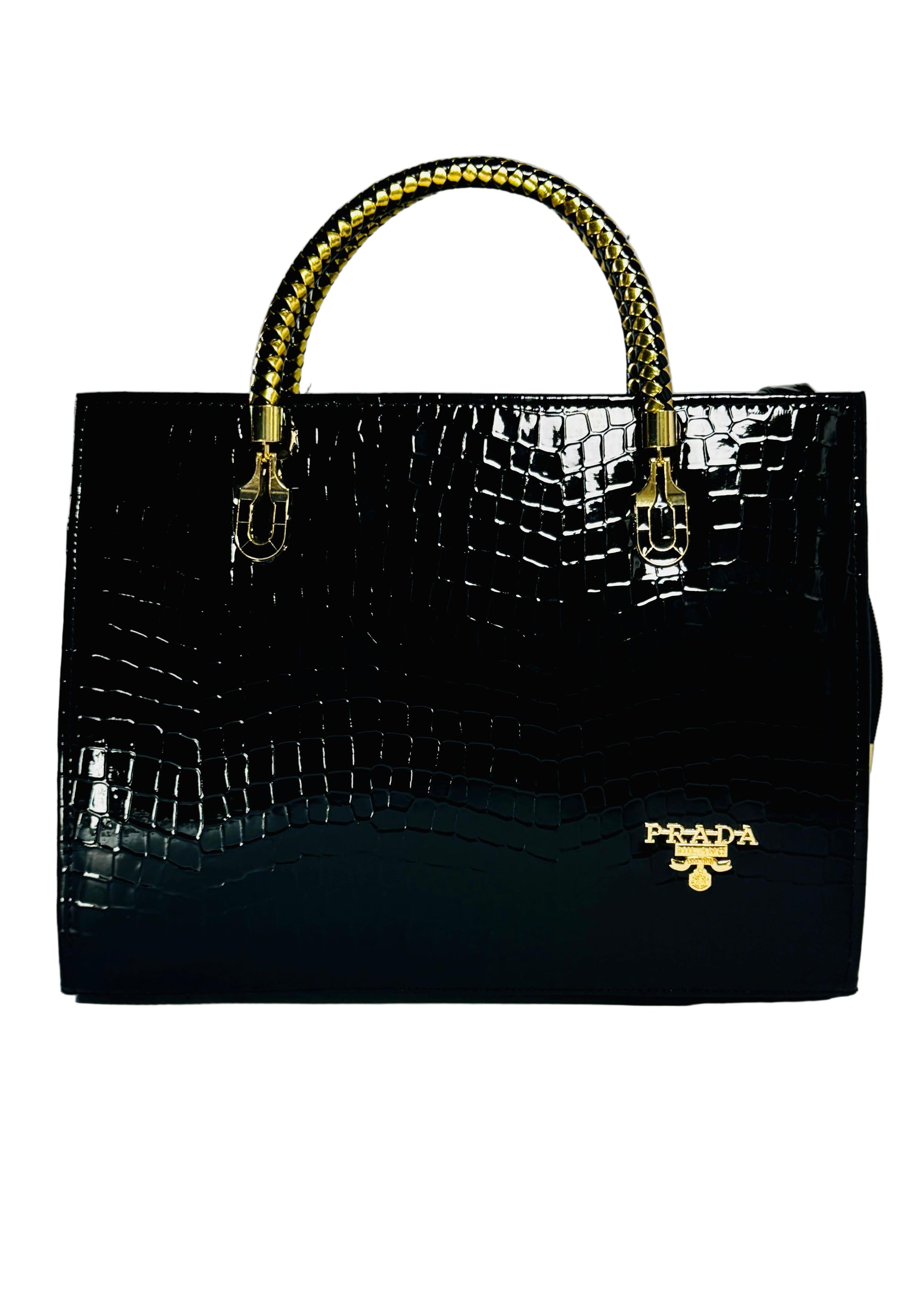 Black crocodile-patterned handbag with gold accents on a light gray background