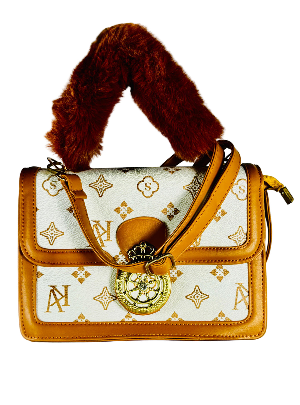 Designer handbag with fur handle on a light gray background