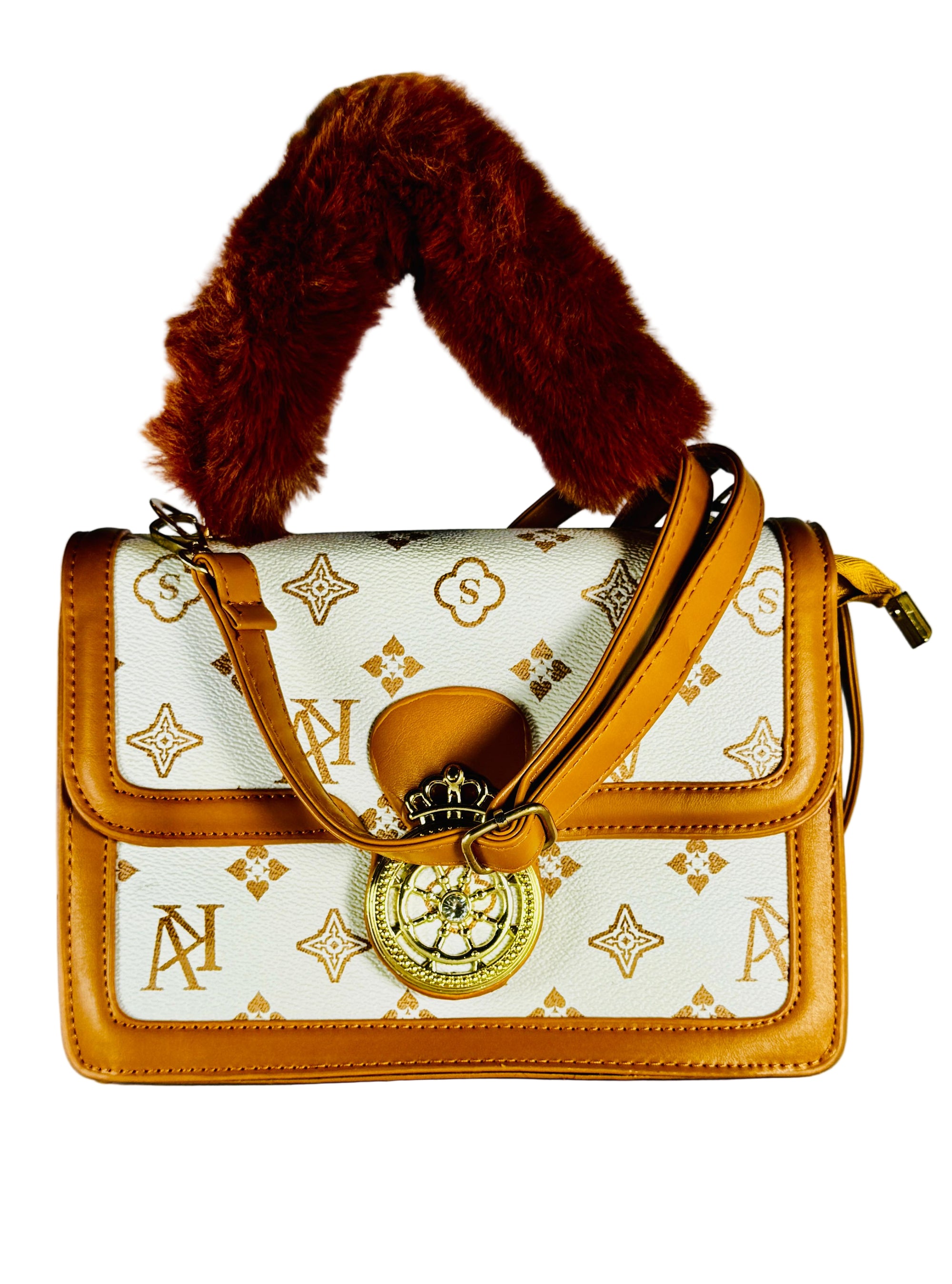 Designer handbag with fur handle on a light gray background