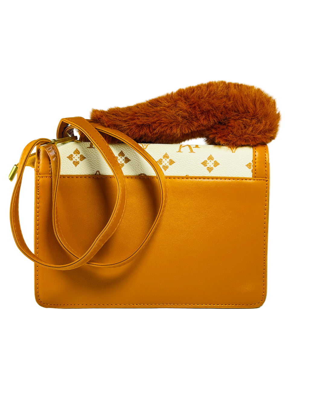Yellow handbag with brown fur on a white background