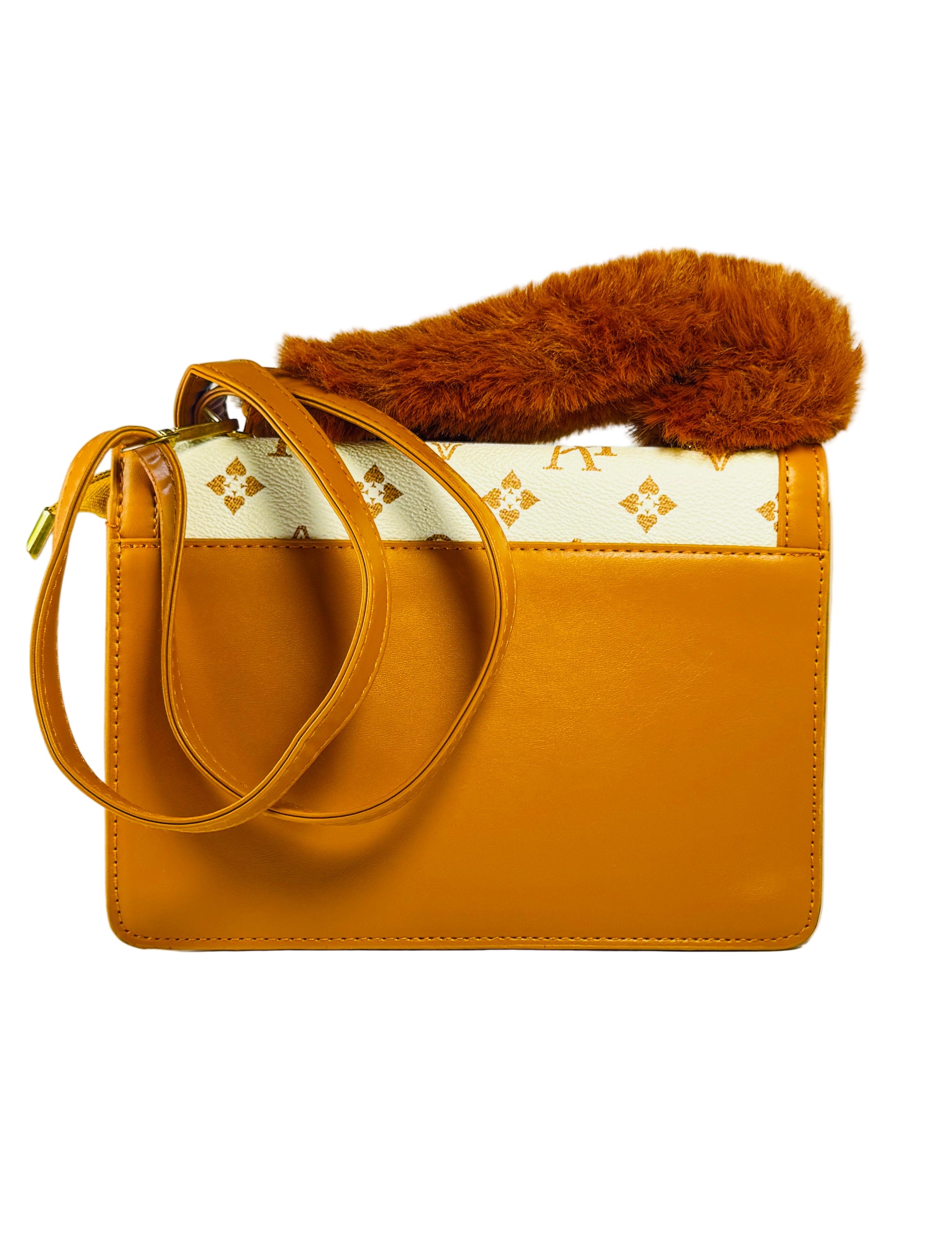 Yellow handbag with brown fur on a white background