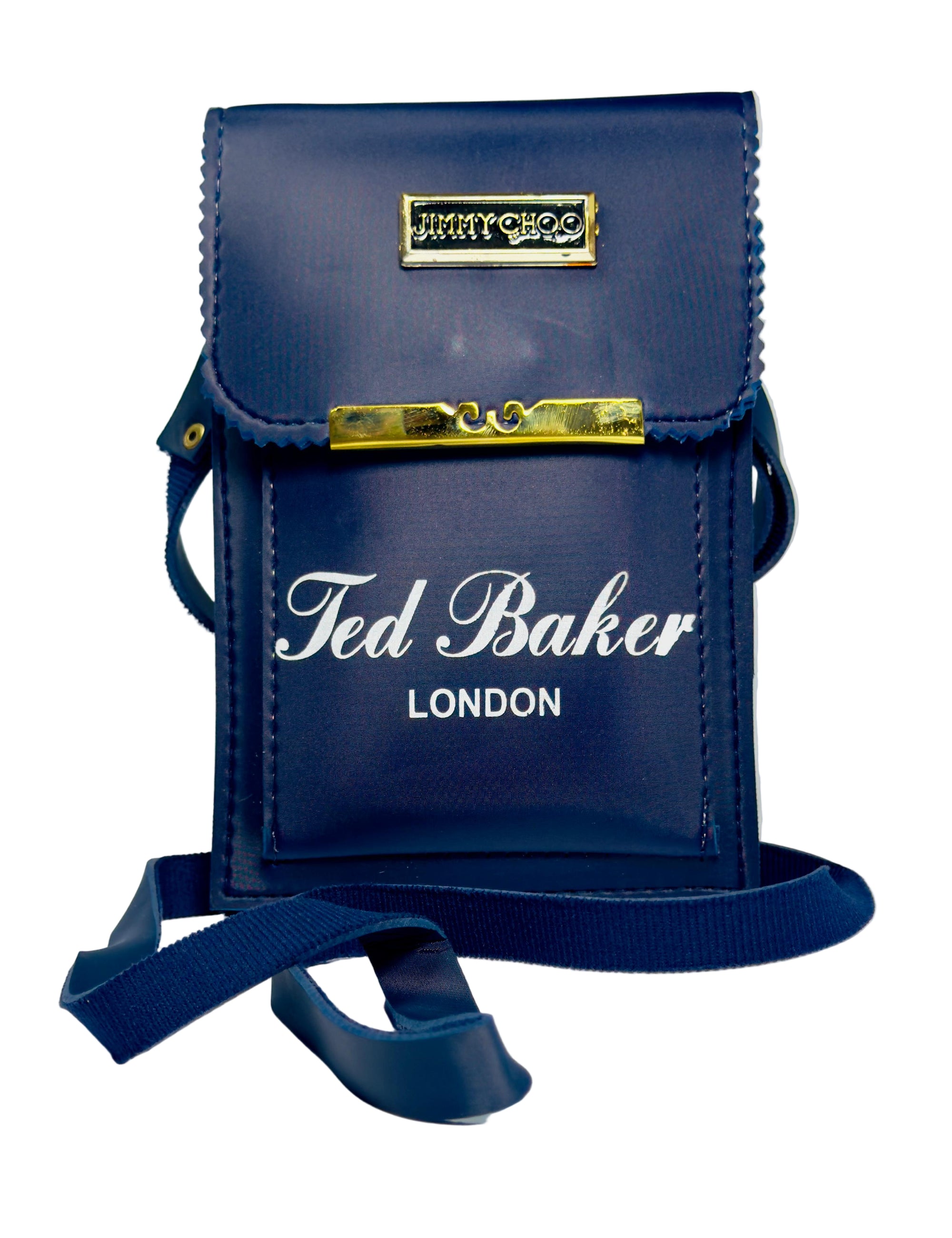 Blue handbag with gold accents and 'Ted Baker London' branding on a white background