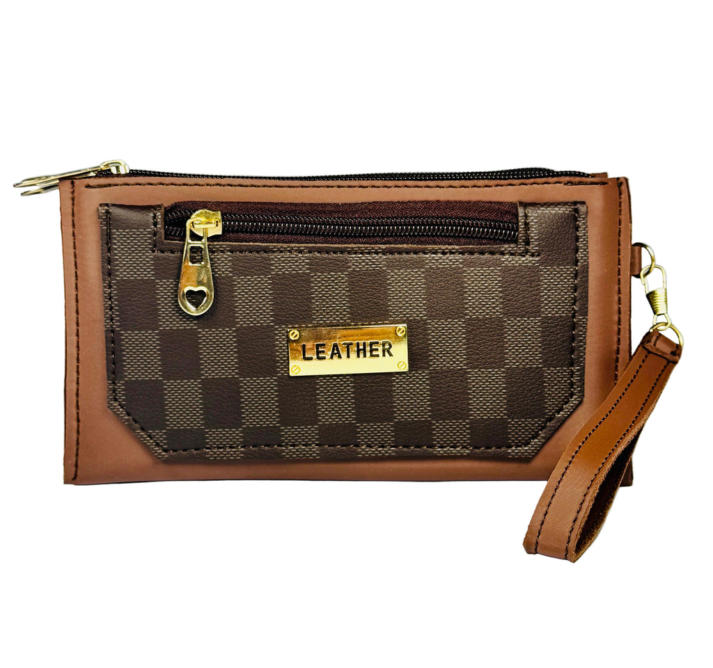 Brown leather wallet with gold accents on a light gray background
