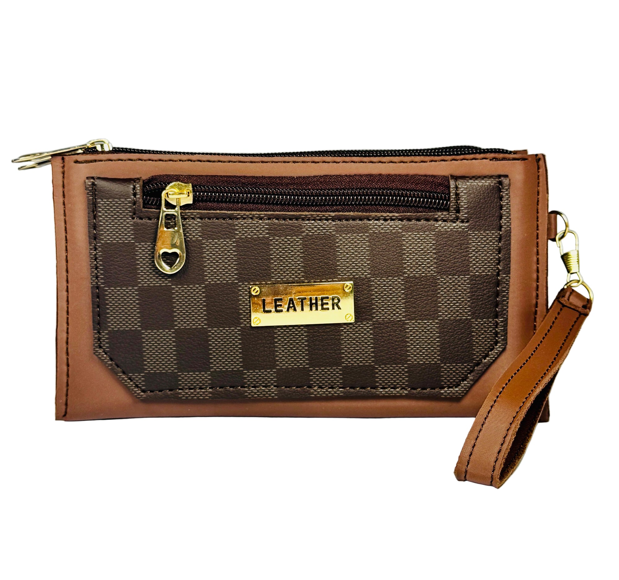 Brown leather wallet with gold accents on a light gray background