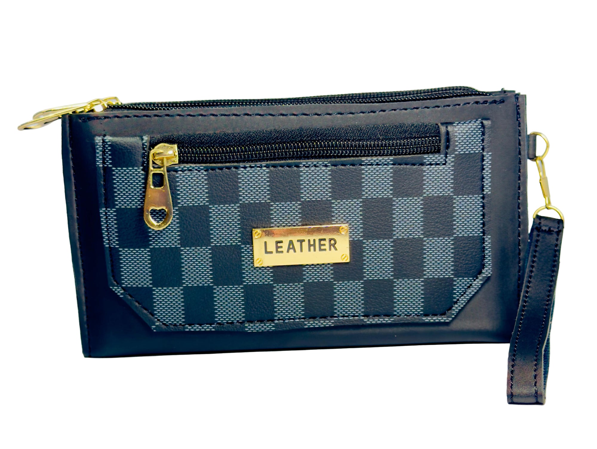 Blue checkered clutch bag with gold accents on a light gray background