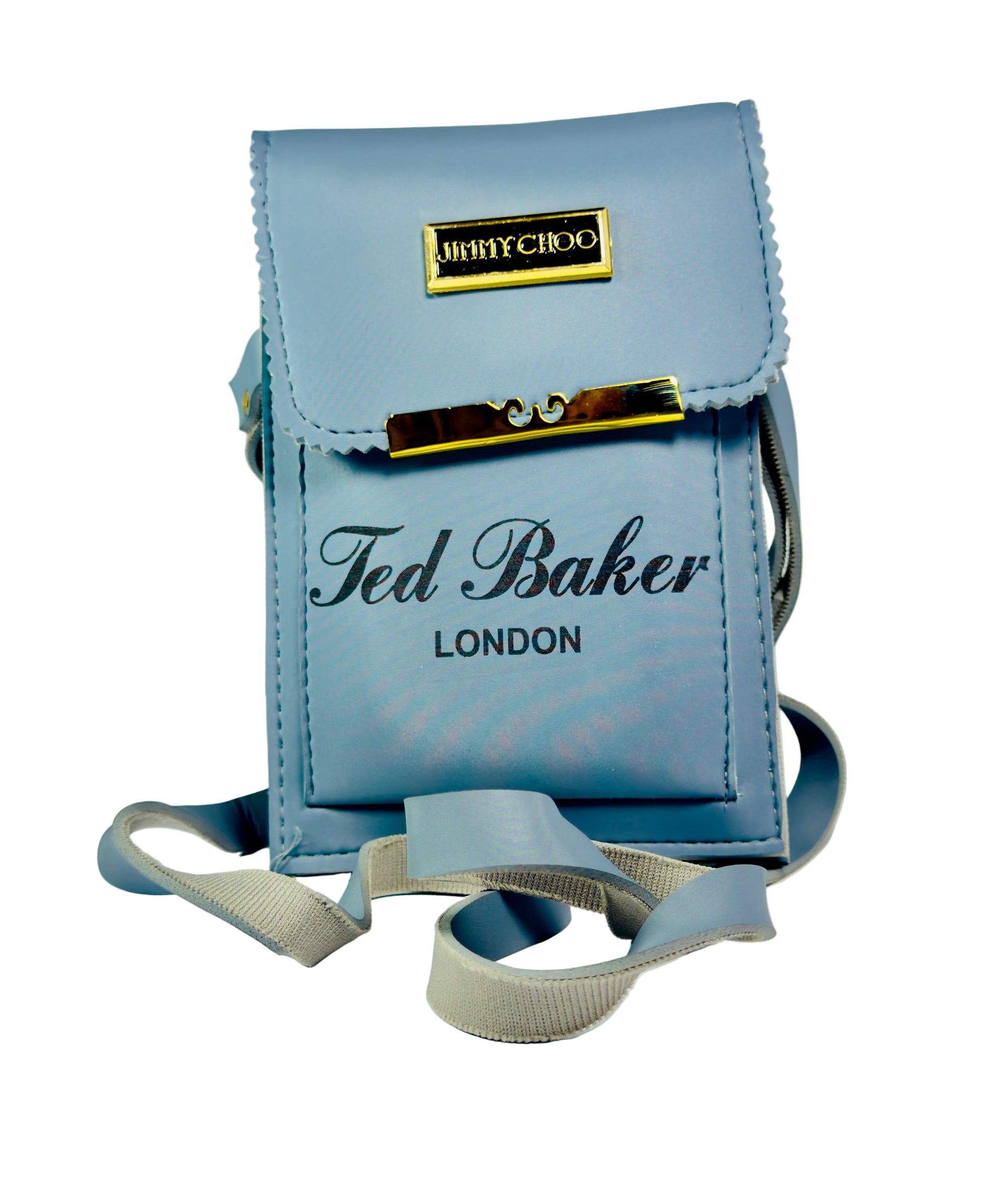 Blue handbag with 'Ted Baker London' branding on a white background
