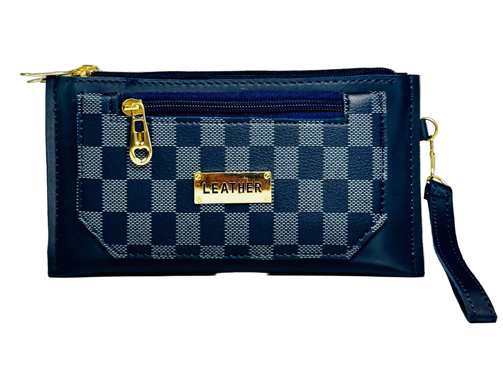Blue checkered clutch bag with gold accents on a white background