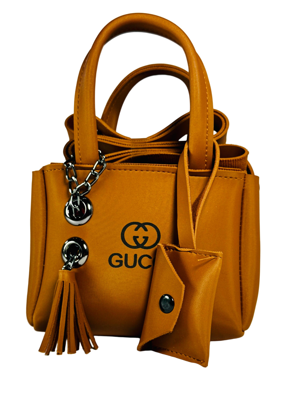 Brown Gucci handbag with tassel and chain detail on a white background