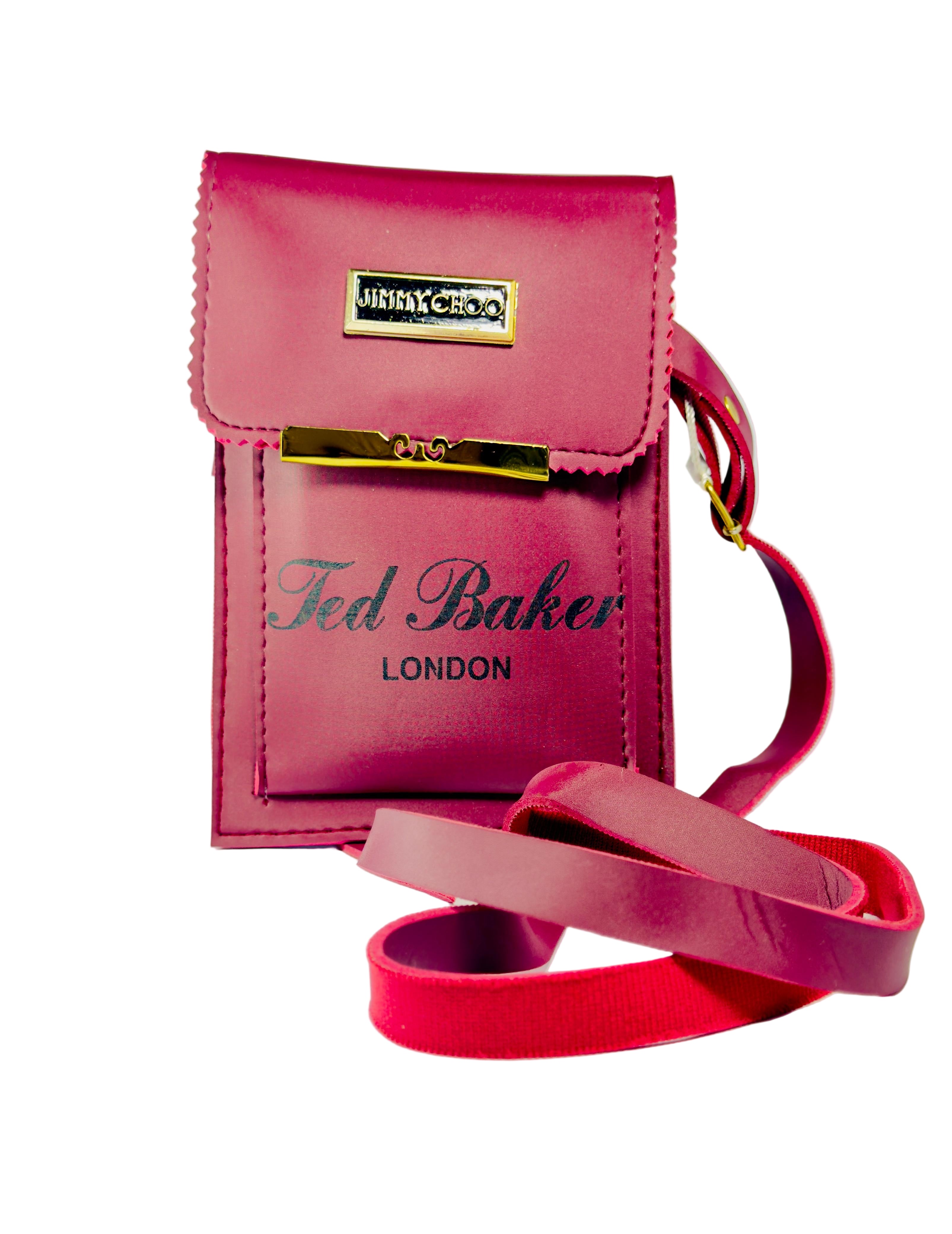 Pink handbag with 'Ted Baker London' branding on a white background