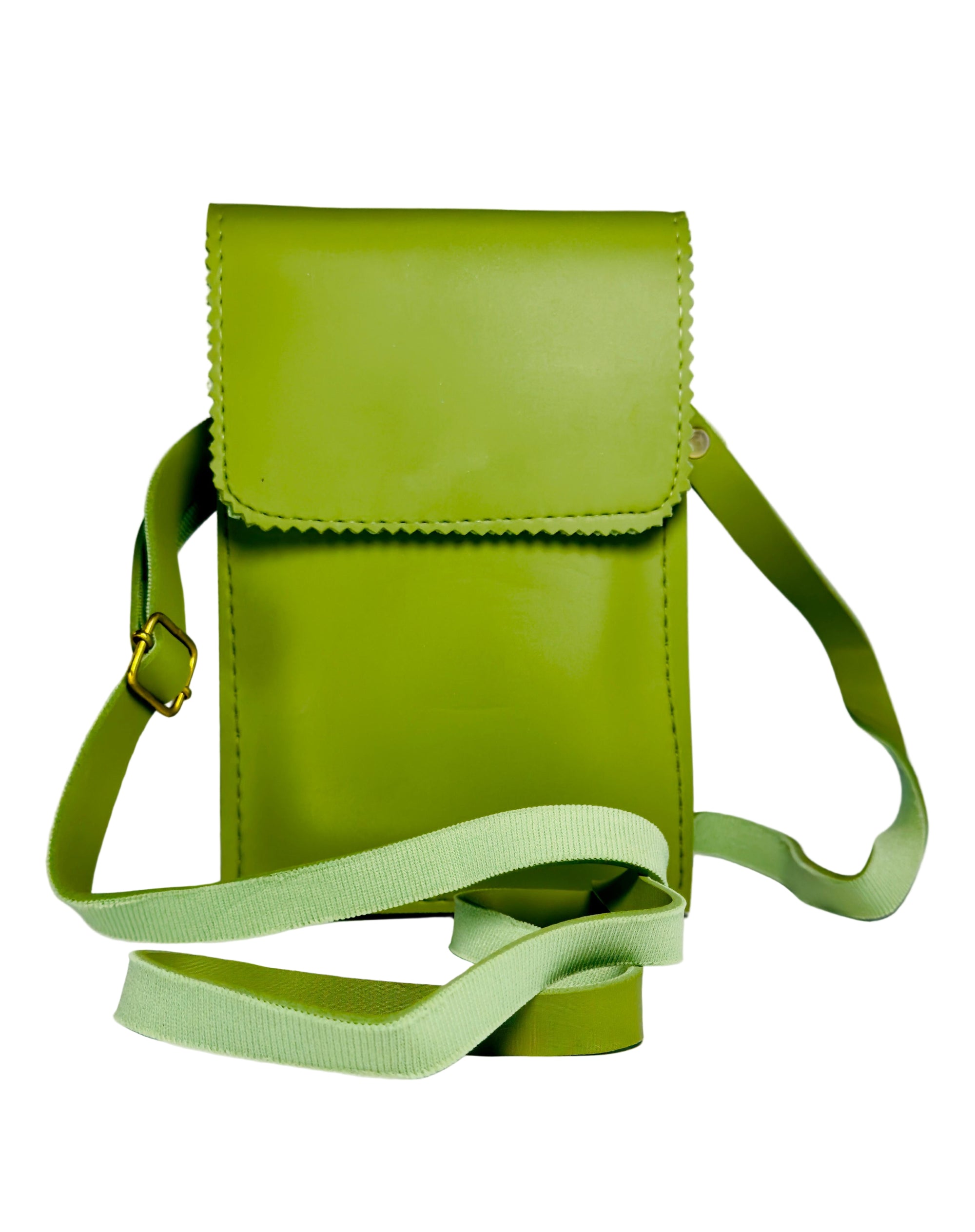 Green leather crossbody bag on a light gray background
