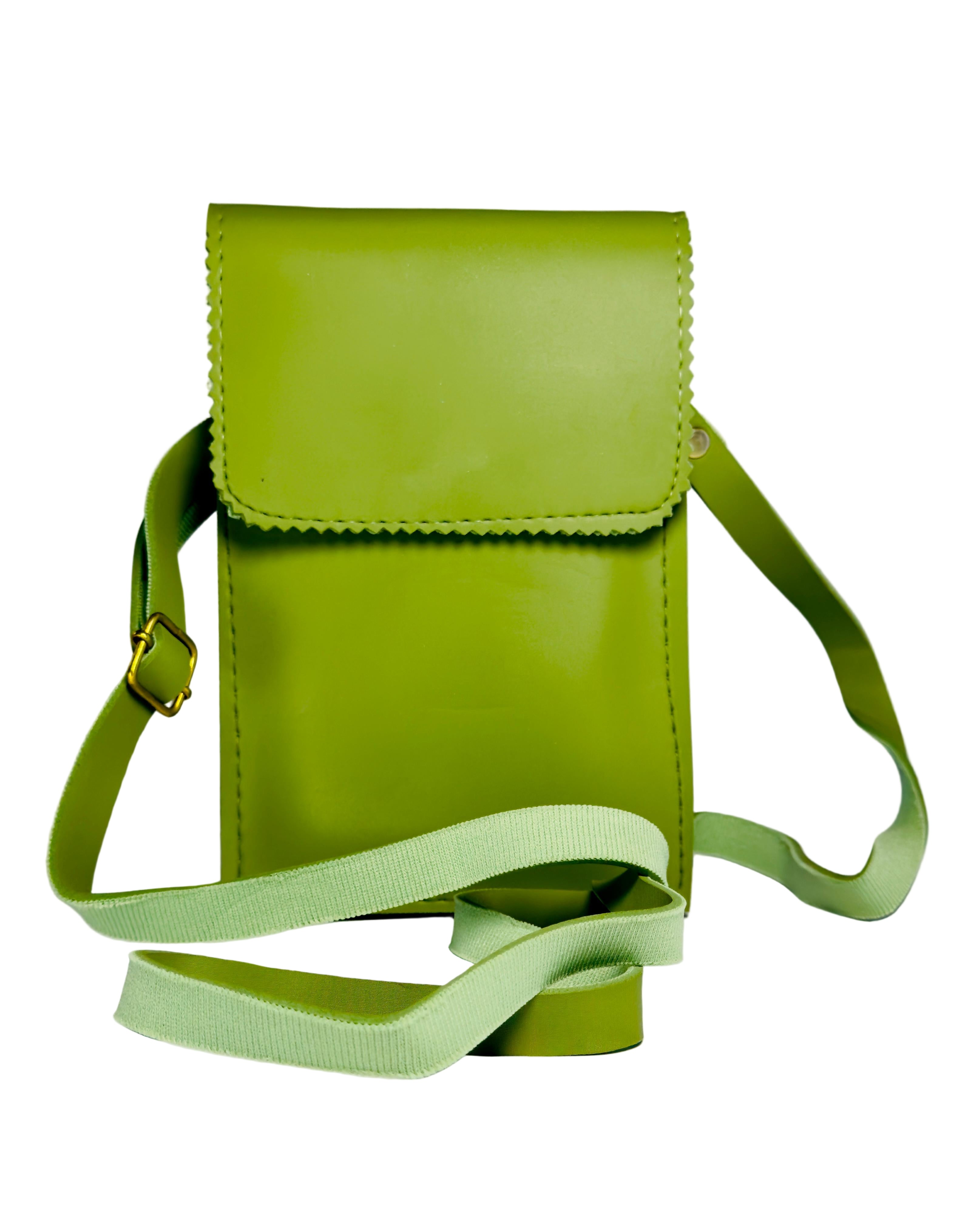 Green leather crossbody bag on a light gray background