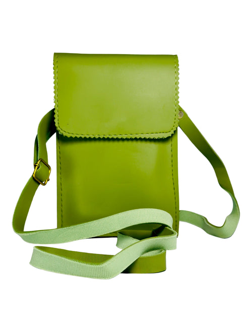 Green leather crossbody bag on a light gray background