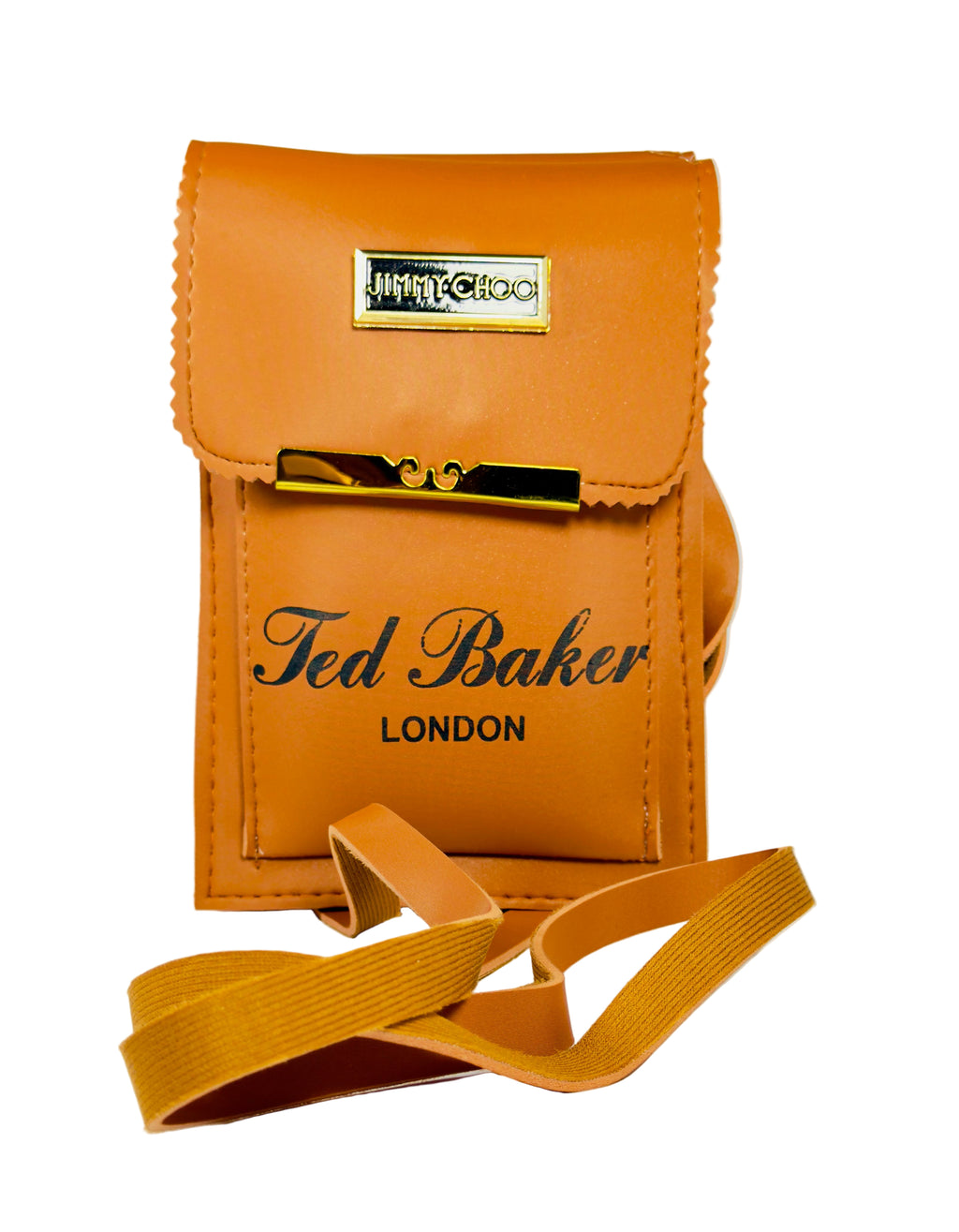 Brown leather bag with 'Ted Baker London' branding on a white background