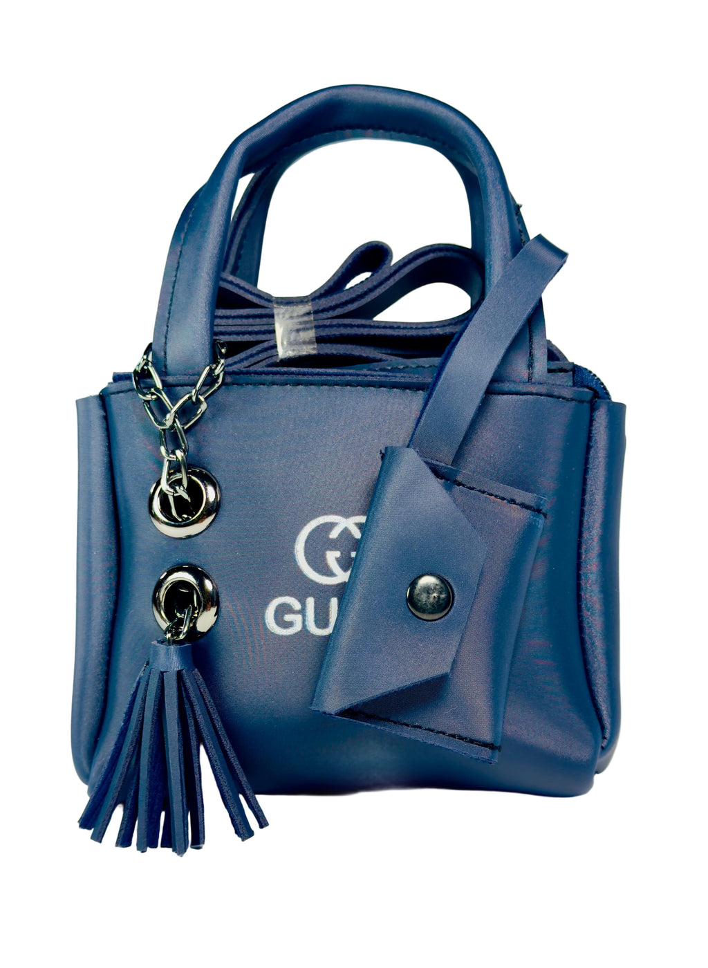 Blue handbag with decorative elements on a white background