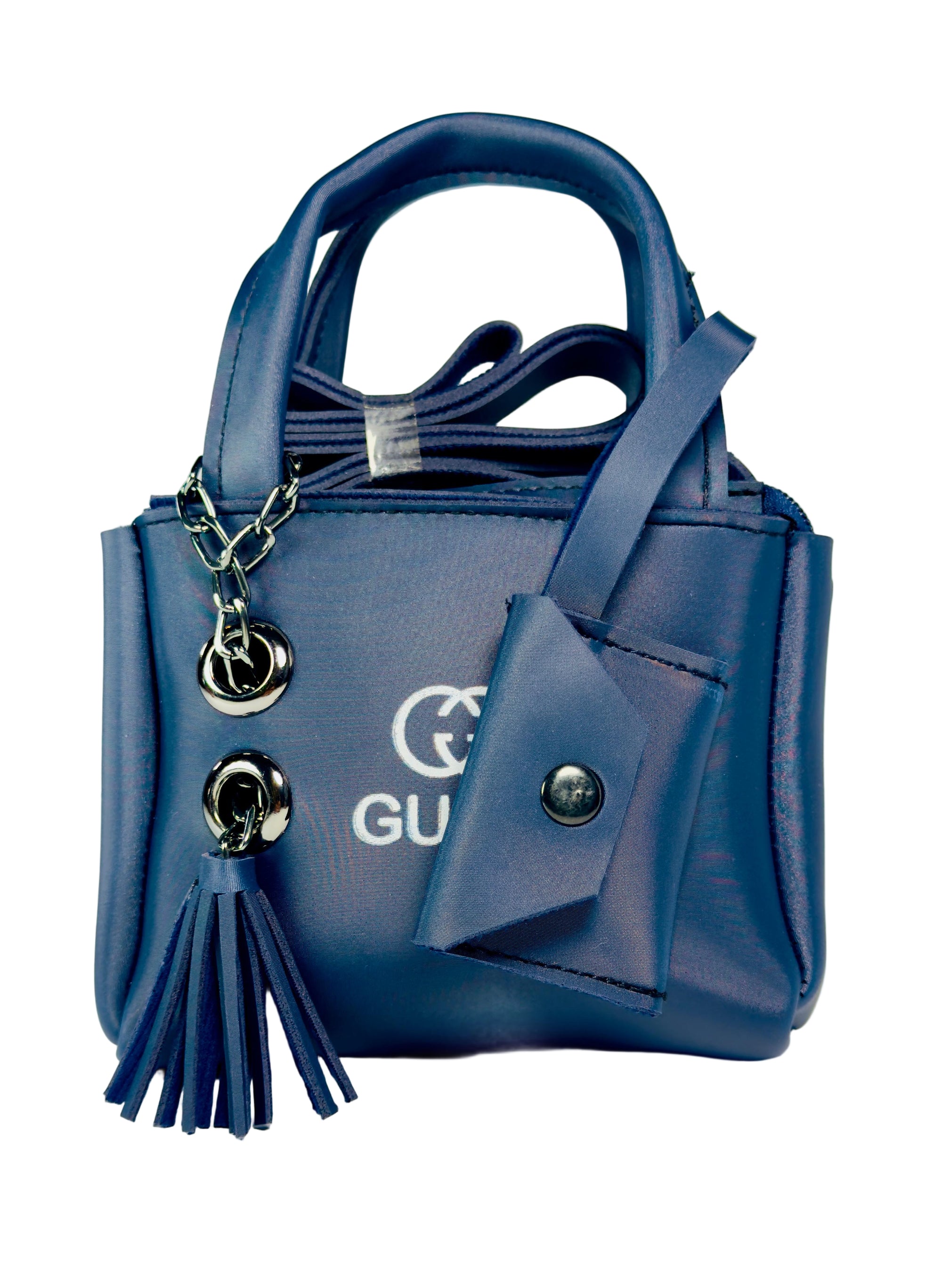 Blue handbag with decorative elements on a white background