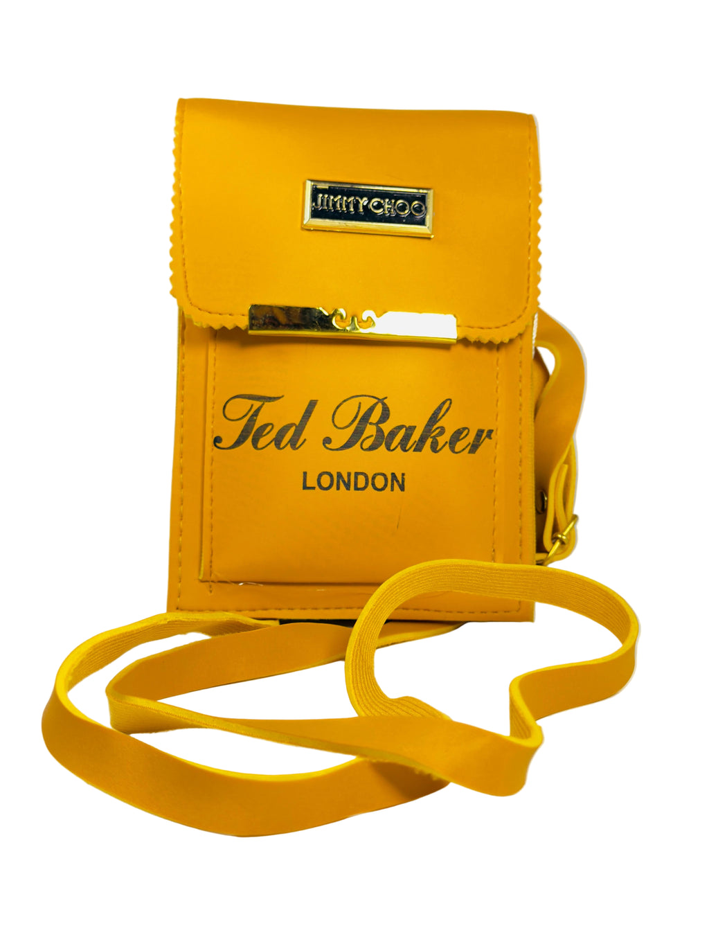 Yellow crossbody bag with 'Ted Baker London' branding on a white background