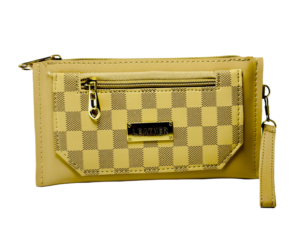 Yellow checkered wallet with a strap on a light gray background