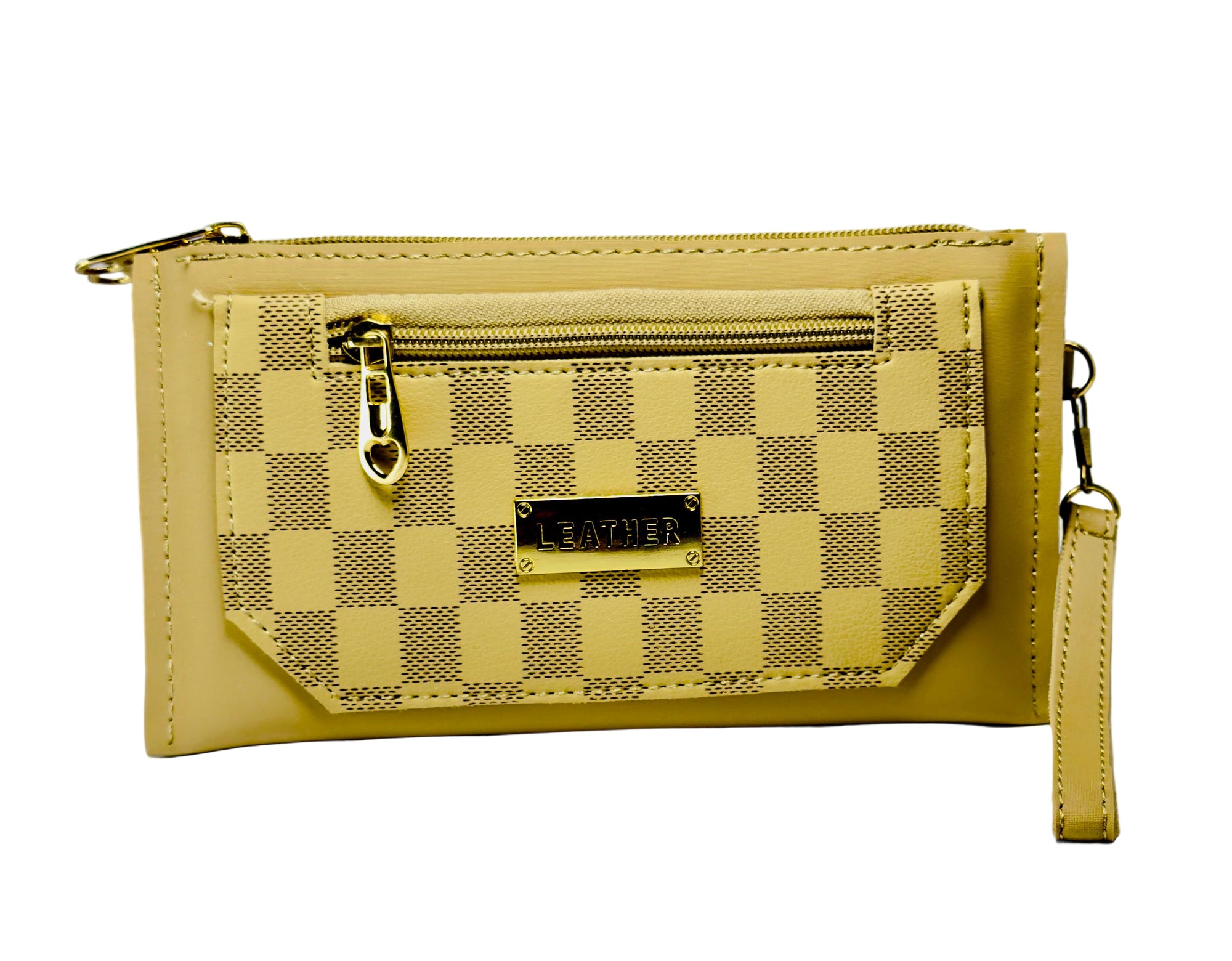 Yellow checkered wallet with a strap on a light gray background